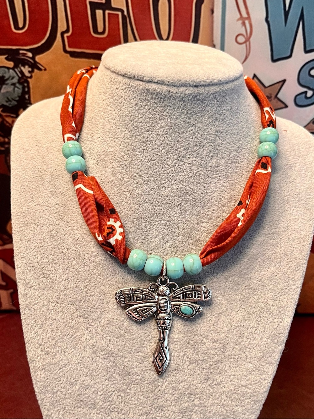 Handmade Orange Turquoise Bead Dragonfly Necklace